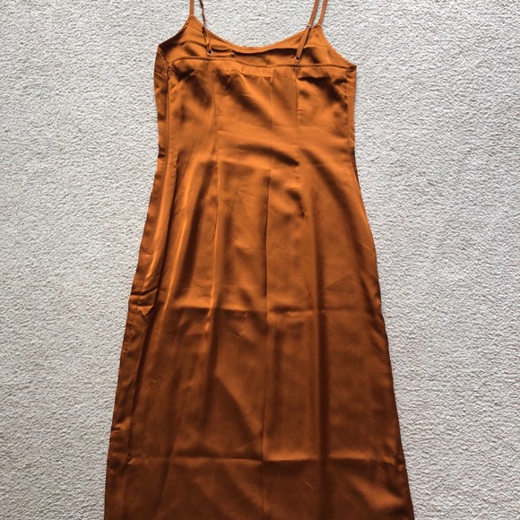 Abercrombie & Fitch Copper Brown Havana Gold Satin Slip MIDI Dress Slit Scoop S - Picture 6 of 8